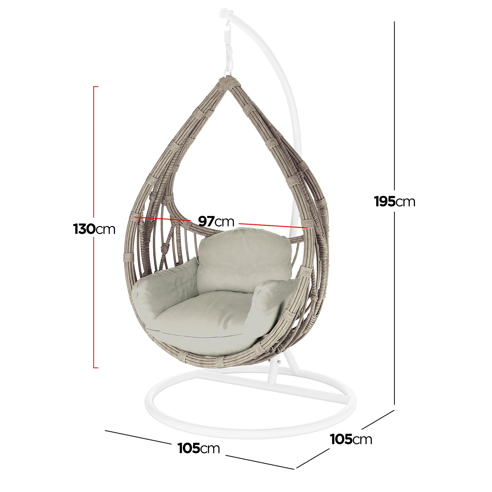 Hookipa Outdoor Rattan Egg Chair with Cushion in Sage, showcasing its teardrop shape, wicker construction, plush seating, and sturdy white metal stand, emphasizing dimensions for spacious comfort and elegant outdoor relaxation.