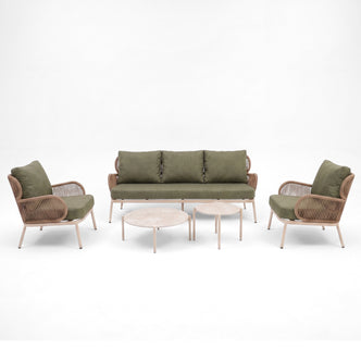 Outdoor furniture set with sofa, two armchairs, and two round coffee tables on a white background