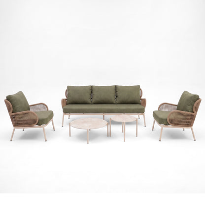 Outdoor furniture set with sofa, two armchairs, and two round coffee tables on a white background