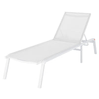 Jabari Textilene Aluminium Outdoor Sunbed in Cream White features an adjustable backrest, slim metal frame, and mesh fabric, perfect for poolside or patio relaxation.