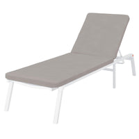 Jabari Outdoor Sun Lounger with Cushion in Warm Grey, featuring a sleek white metal frame, adjustable backrest, and flat grey cushion, ideal for versatile outdoor relaxation.