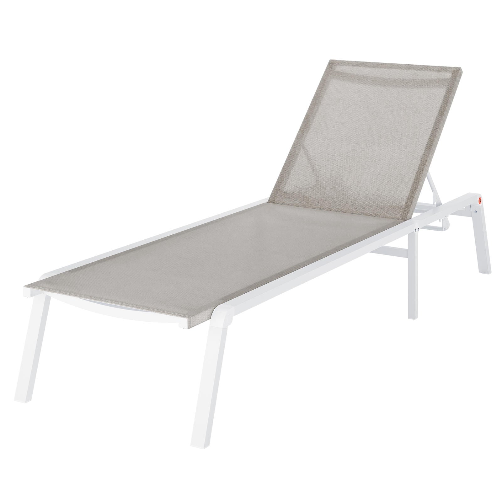 Jabari Textilene Aluminium Outdoor Sunbed in Light Grey, featuring a sleek white metal frame and light grey/beige mesh fabric, with an adjustable backrest for versatile lounging positions.