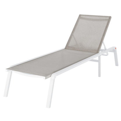 Jabari Textilene Aluminium Outdoor Sunbed in Light Grey, featuring a sleek white metal frame and light grey/beige mesh fabric, with an adjustable backrest for versatile lounging positions.