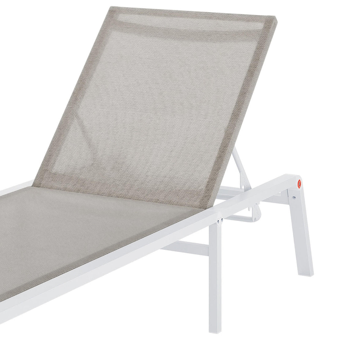 Jabari Textilene Aluminium Outdoor Sunbed in Light Grey features an adjustable white metal frame with a light grey mesh fabric surface, perfect for versatile outdoor lounging and sunbathing.