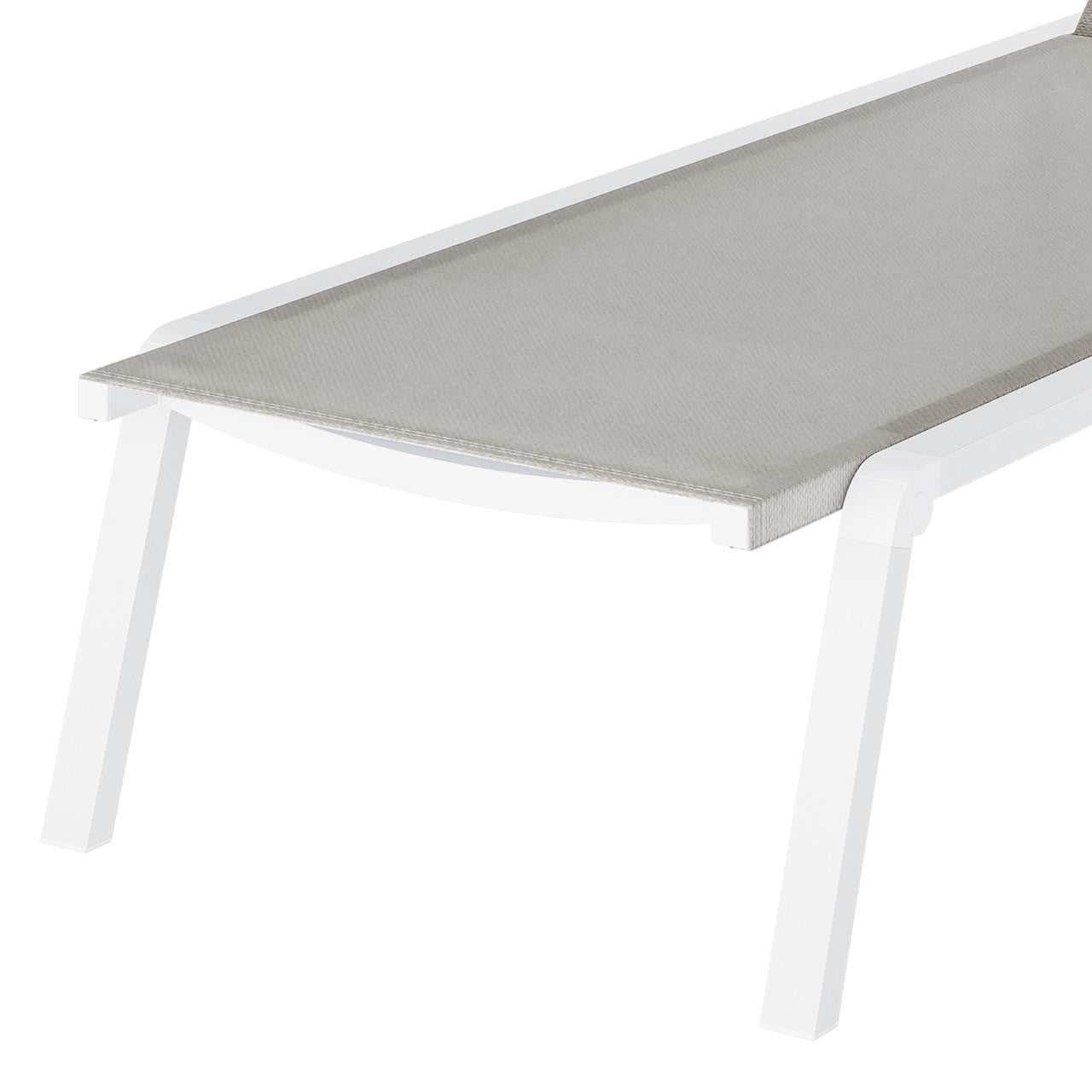 Jabari Textilene Aluminium Outdoor Sunbed in Light Grey, featuring a stretched fabric deck on a sleek white metal frame, perfect for outdoor relaxation with adjustable reclining positions.