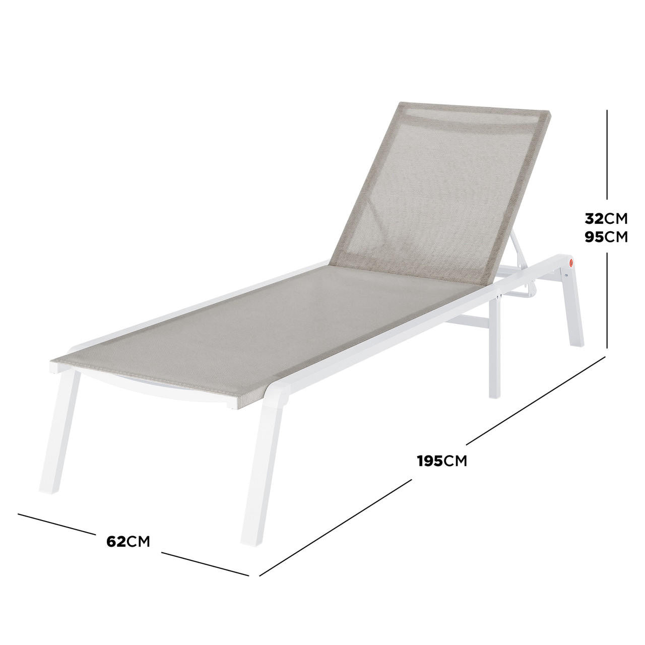 Jabari Textilene Aluminium Outdoor Sunbed in Light Grey features a sleek white metal frame with a grey mesh sling, adjustable backrest, and dimensions of 195x62 cm for versatile outdoor lounging.