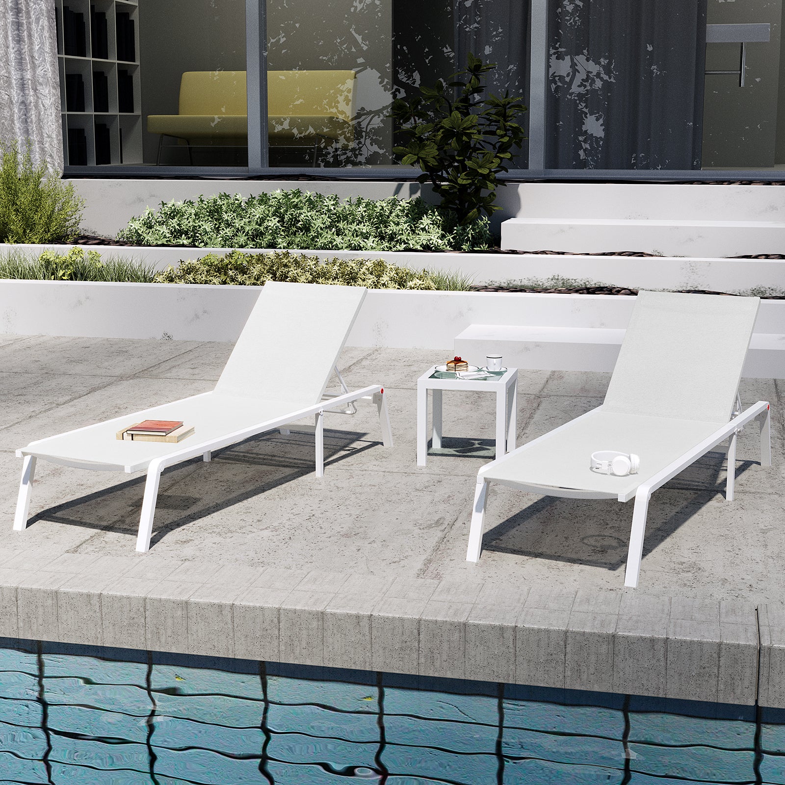 Jabari Textilene Aluminium Sunbed Set of 2 in Cream White, featuring modern white chaise-lounges beside a pool, one with books, the other with headphones, highlighting outdoor relaxation and durability.