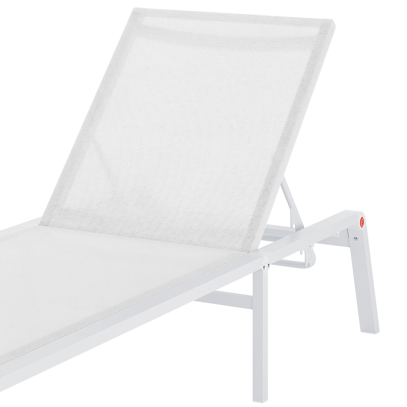 Jabari Textilene Aluminium Sunbed Set of 2 in Cream White features adjustable reclining positions, a durable white metal frame, and white mesh fabric, perfect for outdoor relaxation on a patio or poolside.
