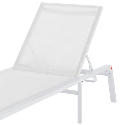Jabari Textilene Aluminium Sunbed Set of 2 in Cream White features adjustable reclining positions, a durable white metal frame, and white mesh fabric, perfect for outdoor relaxation on a patio or poolside.