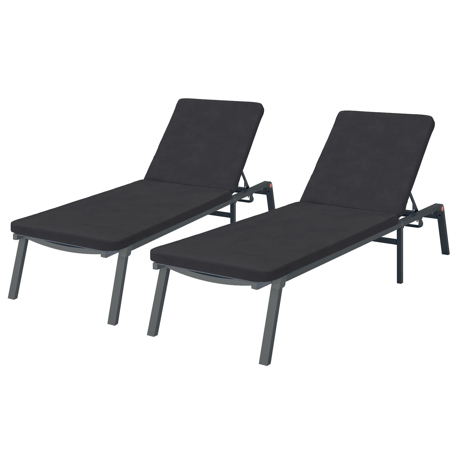 Jabari Outdoor Sun Loungers with Cushions Set of 2 in Black features sleek metal frames with adjustable backrests, perfect for outdoor relaxation by the pool or patio.