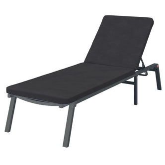 Jabari Outdoor Sun Loungers with Cushions Set of 2 in Black, featuring adjustable backrests and dark cushions on a sleek metal frame, ideal for poolside, patio, or garden relaxation.