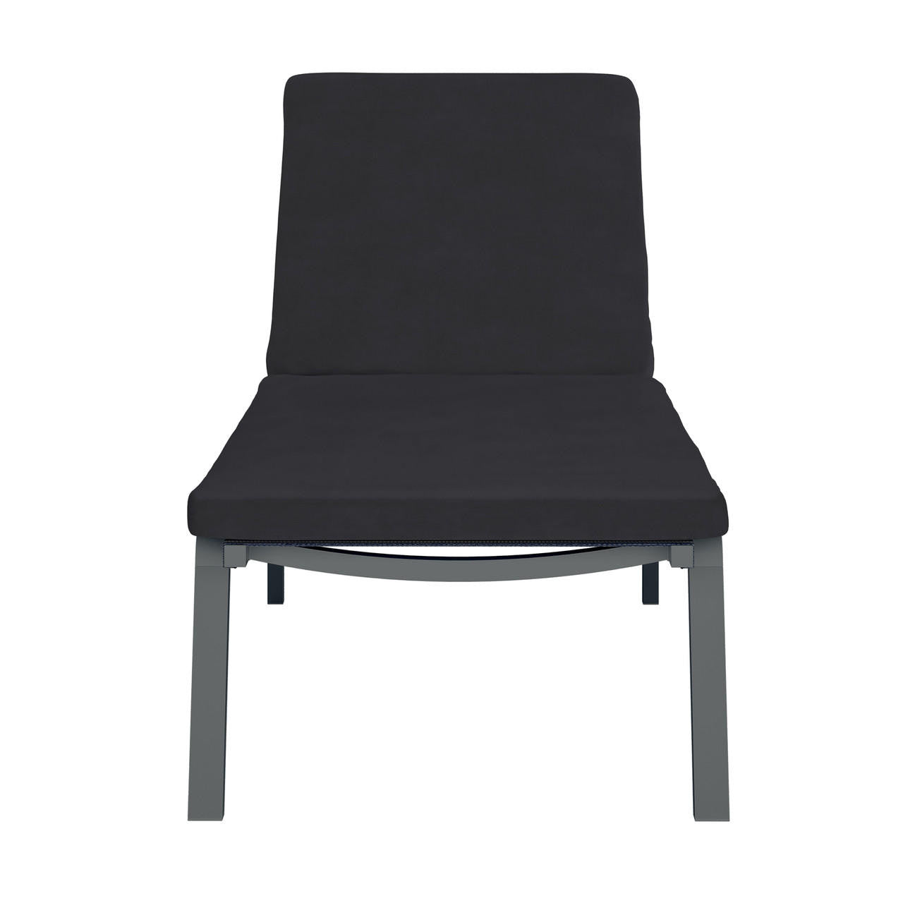 Jabari Outdoor Sun Loungers with Cushions Set of 2 in Black, featuring a minimal gray metal frame with a continuous dark-charcoal cushion, ideal for modern patio or poolside relaxation.