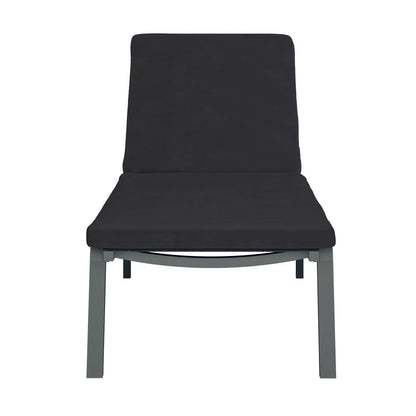 Jabari Outdoor Sun Loungers with Cushions Set of 2 in Black, featuring a minimal gray metal frame with a continuous dark-charcoal cushion, ideal for modern patio or poolside relaxation.
