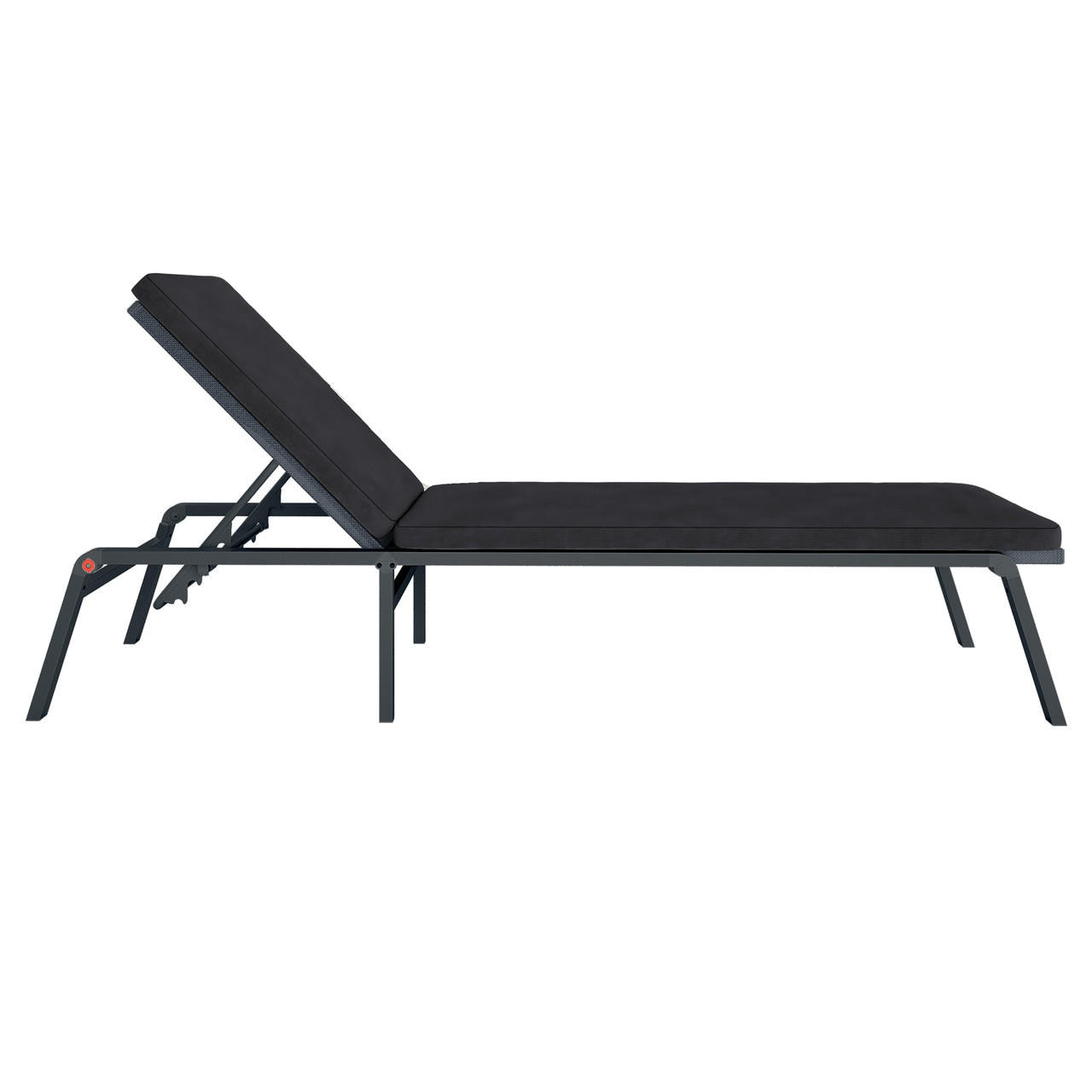Jabari Outdoor Sun Loungers with Cushions Set of 2 in Black, featuring a sleek dark metal frame, adjustable reclining backrests, and plush cushions, perfect for stylish outdoor relaxation.