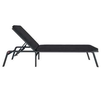Jabari Outdoor Sun Loungers with Cushions Set of 2 in Black, featuring a sleek dark metal frame, adjustable reclining backrests, and plush cushions, perfect for stylish outdoor relaxation.