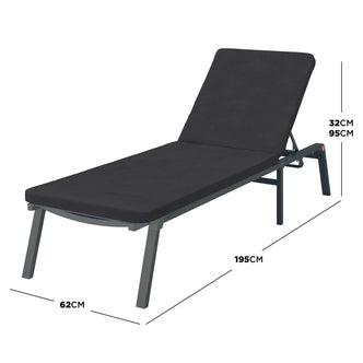 Jabari Outdoor Sun Loungers with Cushions Set of 2 in Black, featuring adjustable metal frames and thin padded cushions, ideal for comfortable outdoor relaxation with multiple reclining positions.