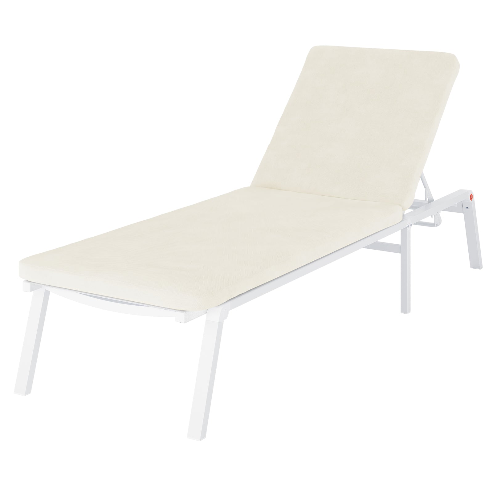 Jabari Outdoor Sun Loungers with Cushions Set of 2 in Cream White, featuring a white metal frame and adjustable backrest, comes with light-cream cushions for enhanced outdoor relaxation.