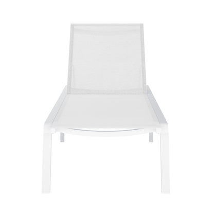 Jabari Outdoor Sun Loungers with Cushions Set of 2 in Cream White features minimalist design with mesh backrest and seating on a metal frame, highlighting functionality and sleek outdoor style.