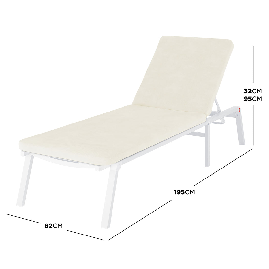 Jabari Outdoor Sun Loungers with Cushions Set of 2 in Cream White, featuring an adjustable backrest, sturdy metal frame, and plush foam cushions for ultimate outdoor comfort. Dimensions: 195 cm length, 62 cm width.