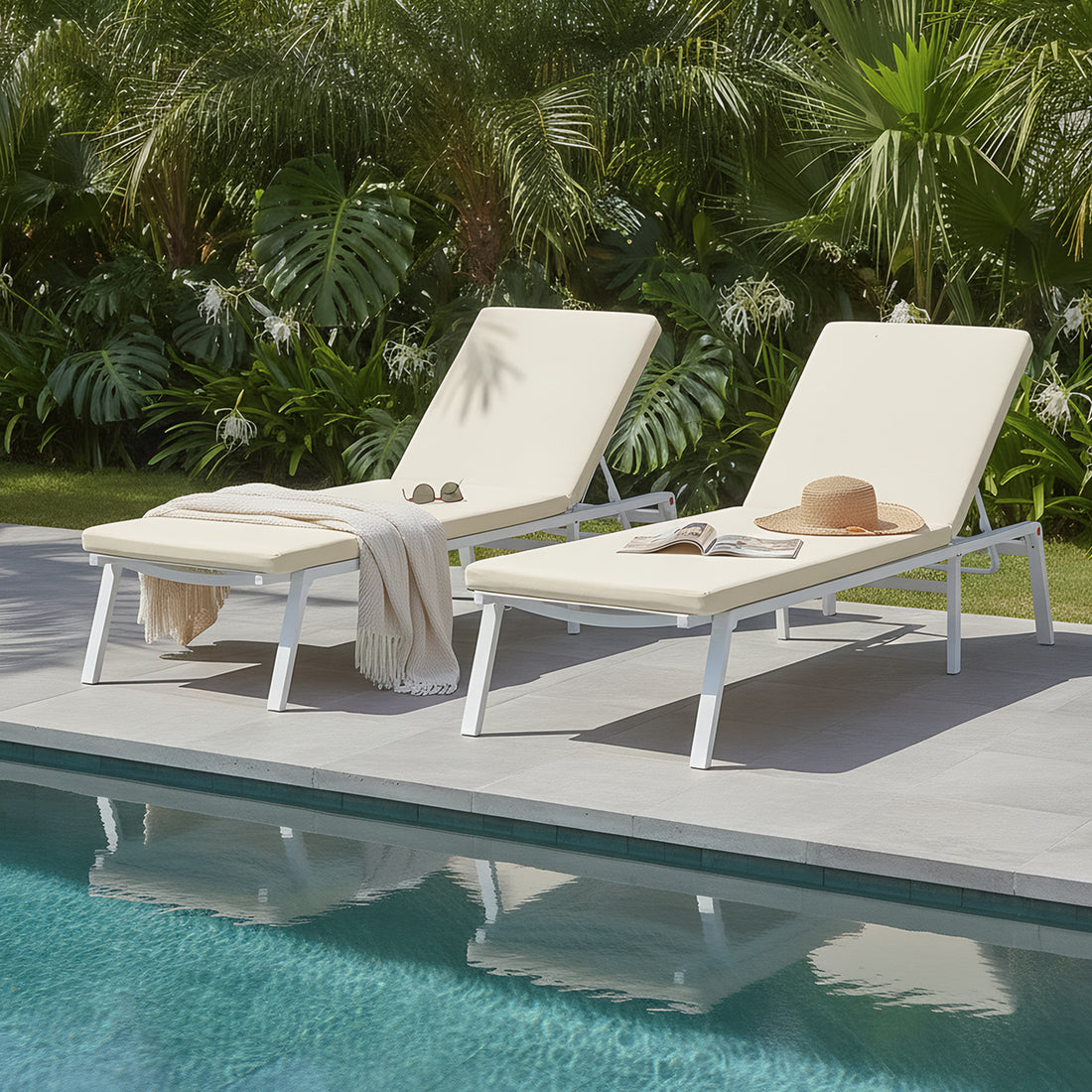 Jabari Outdoor Sun Loungers with Cushions Set of 2 in Cream White