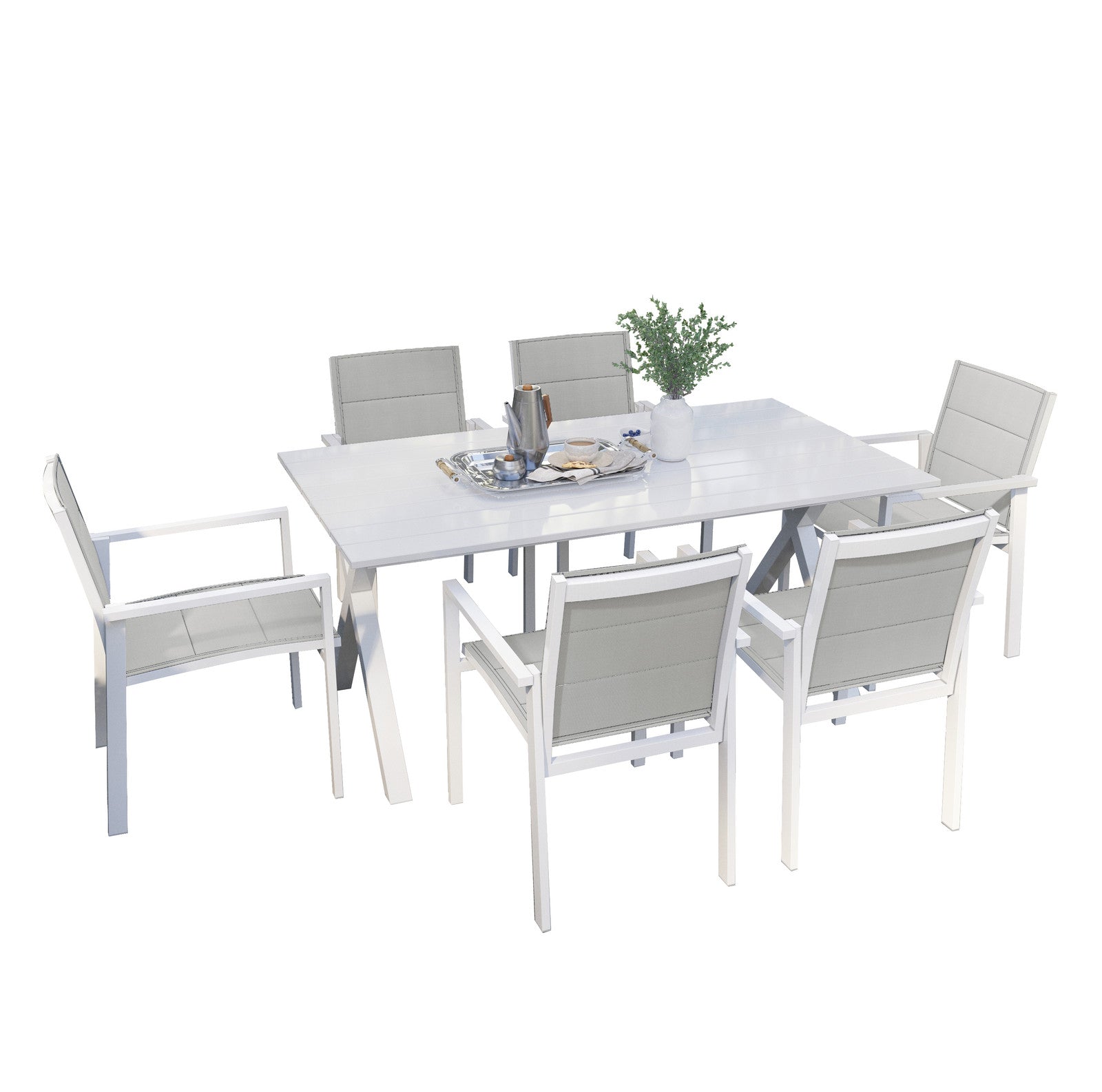 Jensen 6 Seater Aluminum Outdoor Dining Set in Light Grey, featuring a sleek table with X-style legs, six matching chairs, and a centerpiece vase with green foliage on a neatly set table.