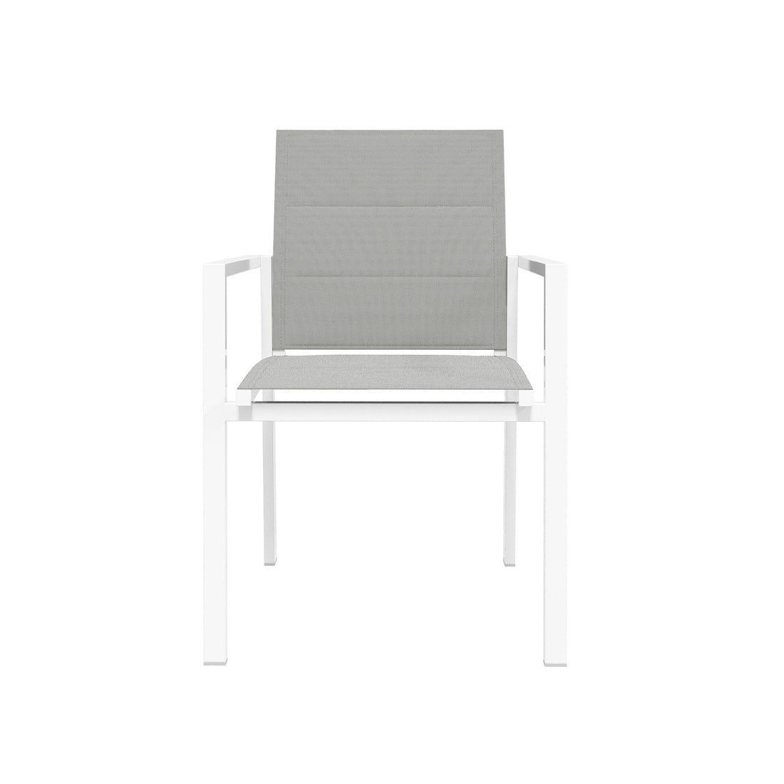 Jensen 6 Seater Aluminium Outdoor Dining Set in Light Grey features a modern chair with a white metal frame and light grey fabric seat and backrest, perfect for contemporary outdoor settings.