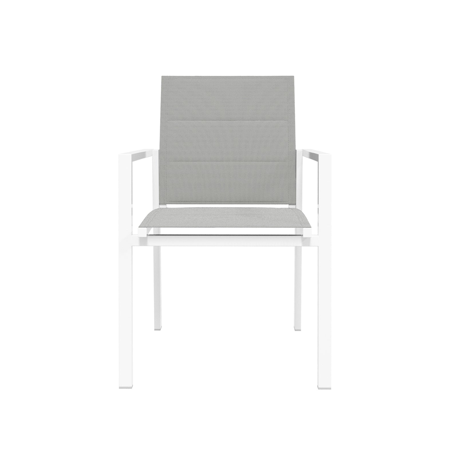 Jensen 6 Seater Aluminium Outdoor Dining Set in Light Grey features a modern chair with a white metal frame and light grey fabric seat and backrest, perfect for contemporary outdoor settings.