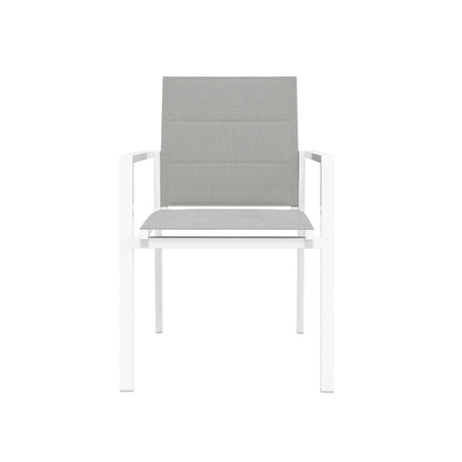 Jensen 6 Seater Aluminium Outdoor Dining Set in Light Grey features a modern chair with a white metal frame and light grey fabric seat and backrest, perfect for contemporary outdoor settings.