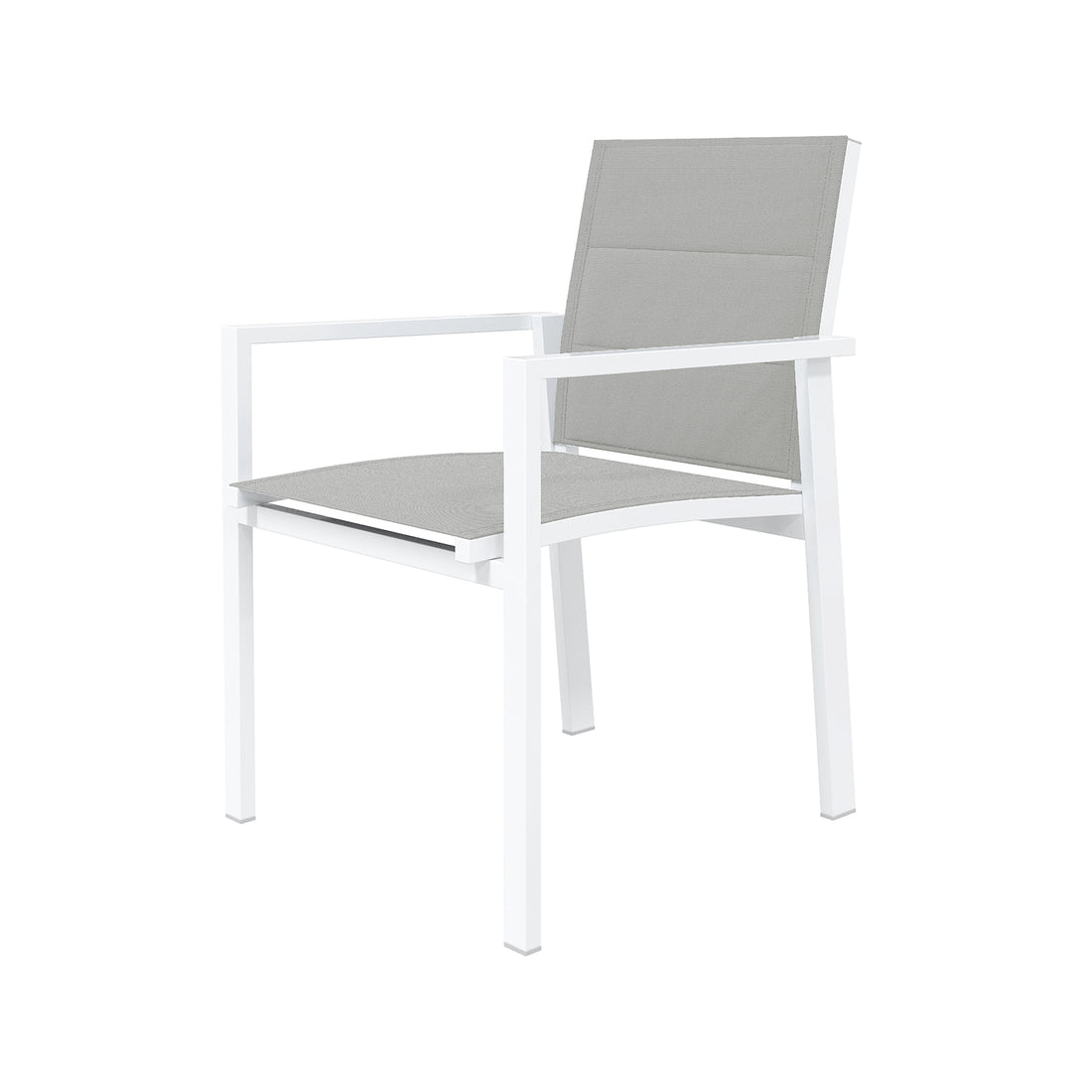 Jensen 6 Seater Aluminium Outdoor Dining Set in Light Grey features a modern armchair with a white metal frame, light gray fabric seat and back, and angular legs and armrests.
