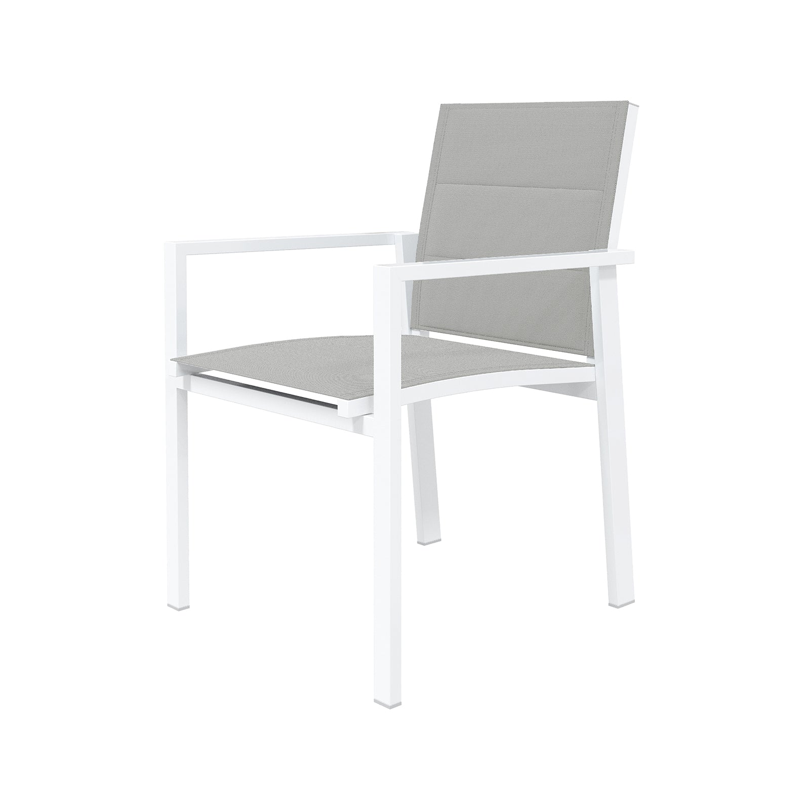 Jensen 6 Seater Aluminium Outdoor Dining Set in Light Grey features a modern armchair with a white metal frame, light gray fabric seat and back, and angular legs and armrests.