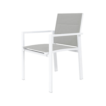 Jensen 6 Seater Aluminium Outdoor Dining Set in Light Grey features a modern armchair with a white metal frame, light gray fabric seat and back, and angular legs and armrests.