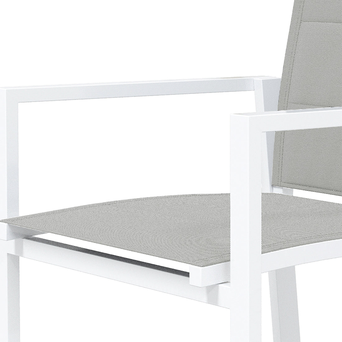 Close-up of the Jensen 6 Seater Aluminium Outdoor Dining Set showing a modern chair with a white metal frame and grey fabric seat, highlighting its contemporary minimalist design for versatile indoor-or-outdoor use.
