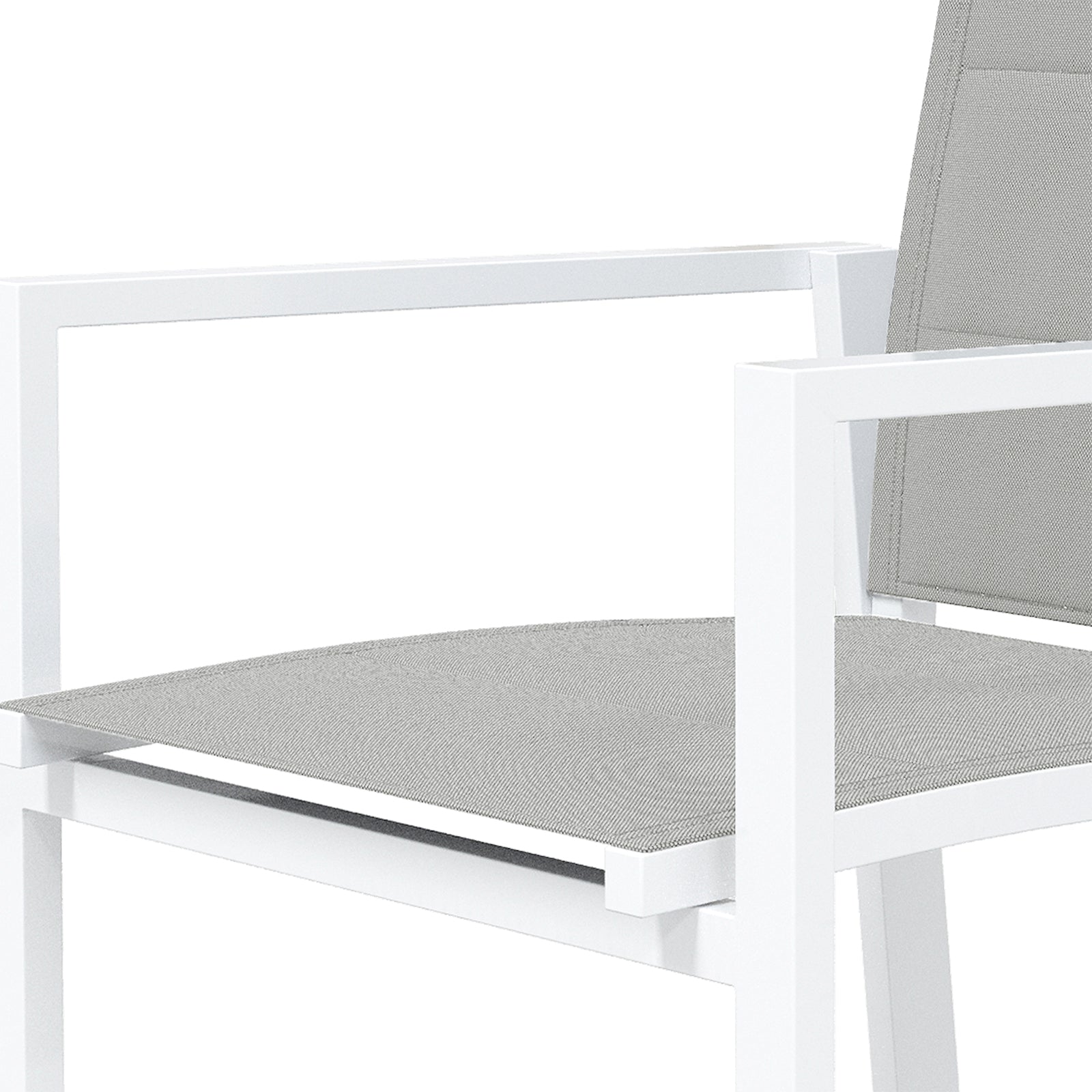 Close-up of the Jensen 6 Seater Aluminium Outdoor Dining Set showing a modern chair with a white metal frame and grey fabric seat, highlighting its contemporary minimalist design for versatile indoor-or-outdoor use.