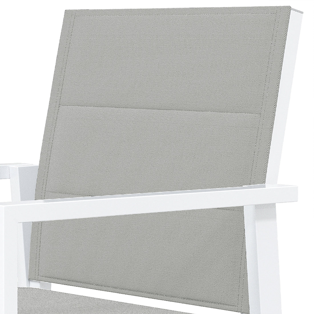 Jensen 6 Seater Aluminium Outdoor Dining Set, featuring a close-up of a modern aluminium chair, showcasing its sleek design and craftsmanship, ideal for elevating outdoor dining experiences with style and functionality.