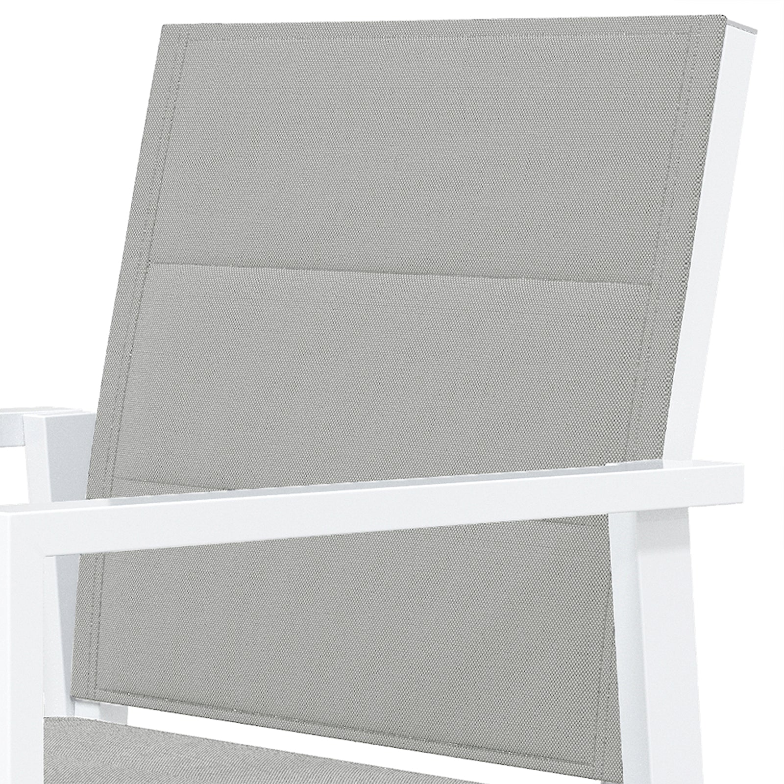 Jensen 6 Seater Aluminium Outdoor Dining Set, featuring a close-up of a modern aluminium chair, showcasing its sleek design and craftsmanship, ideal for elevating outdoor dining experiences with style and functionality.