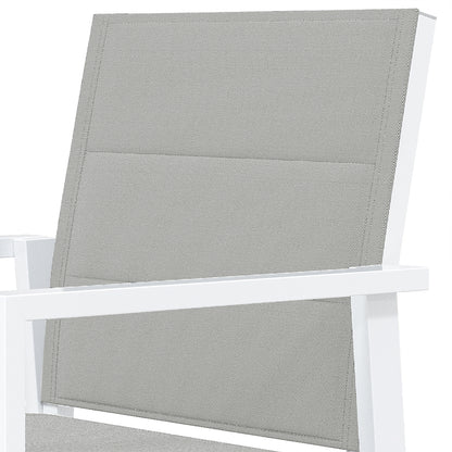 Jensen 6 Seater Aluminium Outdoor Dining Set, featuring a close-up of a modern aluminium chair, showcasing its sleek design and craftsmanship, ideal for elevating outdoor dining experiences with style and functionality.