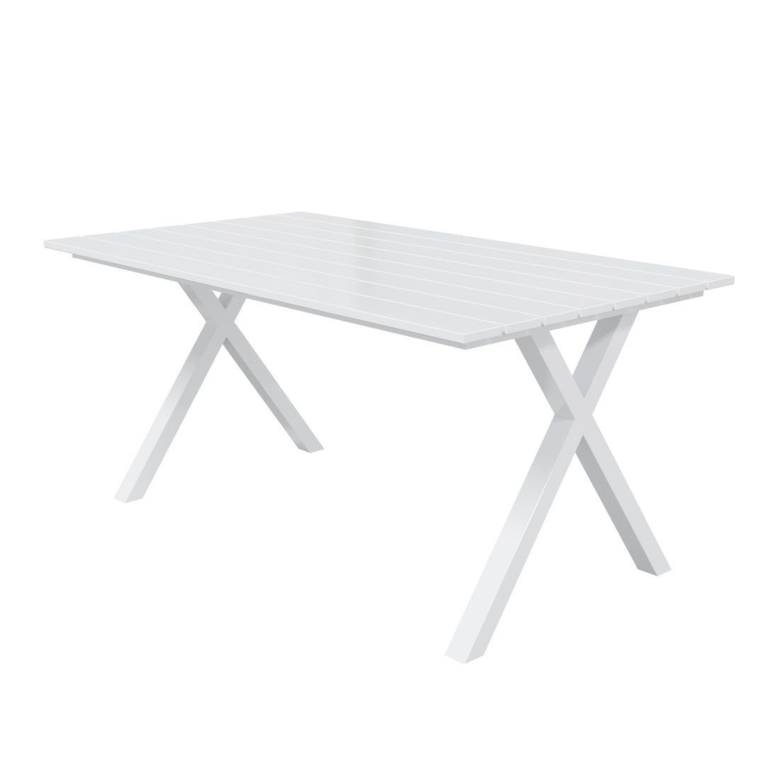 Jensen 6 Seater Aluminium Outdoor Dining Set in Light Grey features a minimalist rectangular white tabletop with X-shaped legs, embodying a modern aesthetic ideal for alfresco dining.