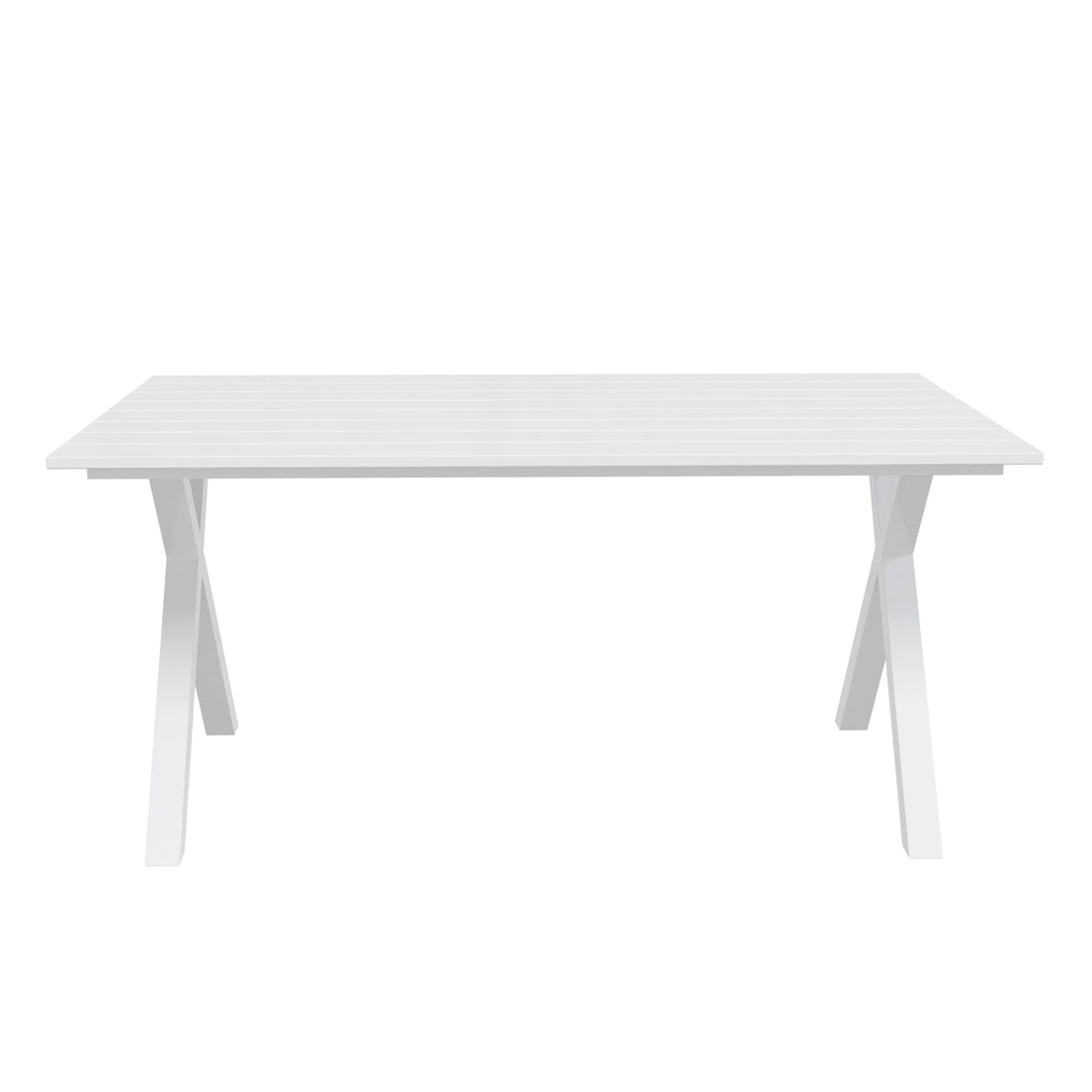 Jensen 6 Seater Aluminum Outdoor Dining Set featuring a rectangular table with slatted top and trestle-style legs, designed for alfresco dining, showcasing modern, minimalist style.