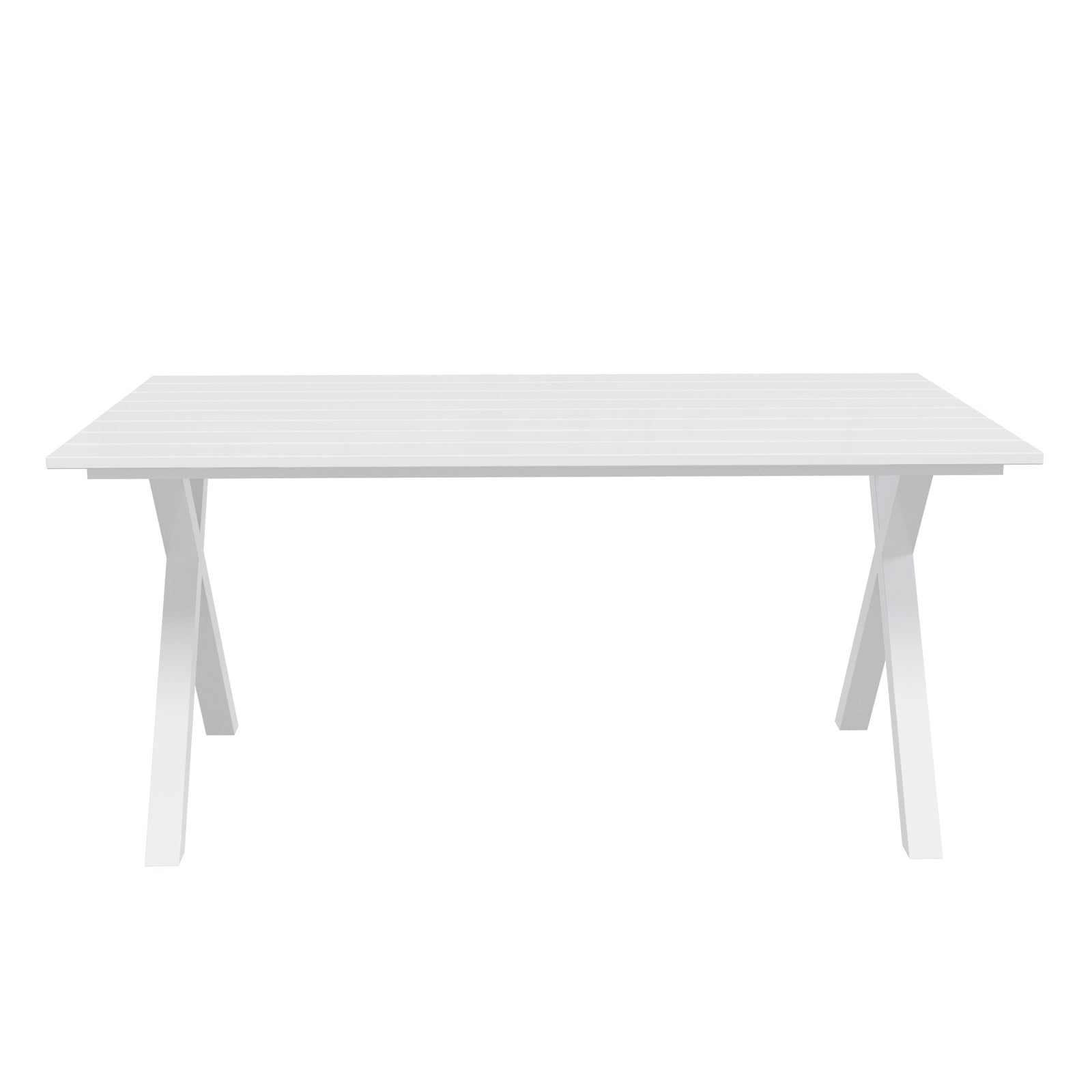 Jensen 6 Seater Aluminum Outdoor Dining Set featuring a rectangular table with slatted top and trestle-style legs, designed for alfresco dining, showcasing modern, minimalist style.