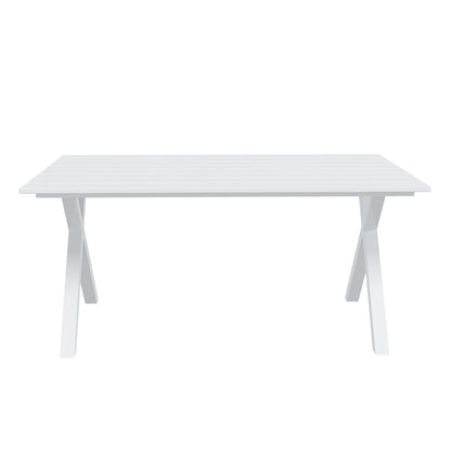 Jensen 6 Seater Aluminum Outdoor Dining Set featuring a rectangular table with slatted top and trestle-style legs, designed for alfresco dining, showcasing modern, minimalist style.