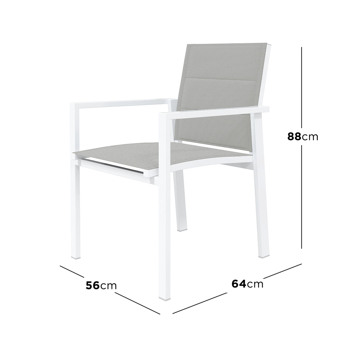 Jensen 6 Seater Aluminium Outdoor Dining Set in Light Grey features a minimalist armchair with a white metal frame and grey sling-style seat, ideal for enhancing modern outdoor spaces.