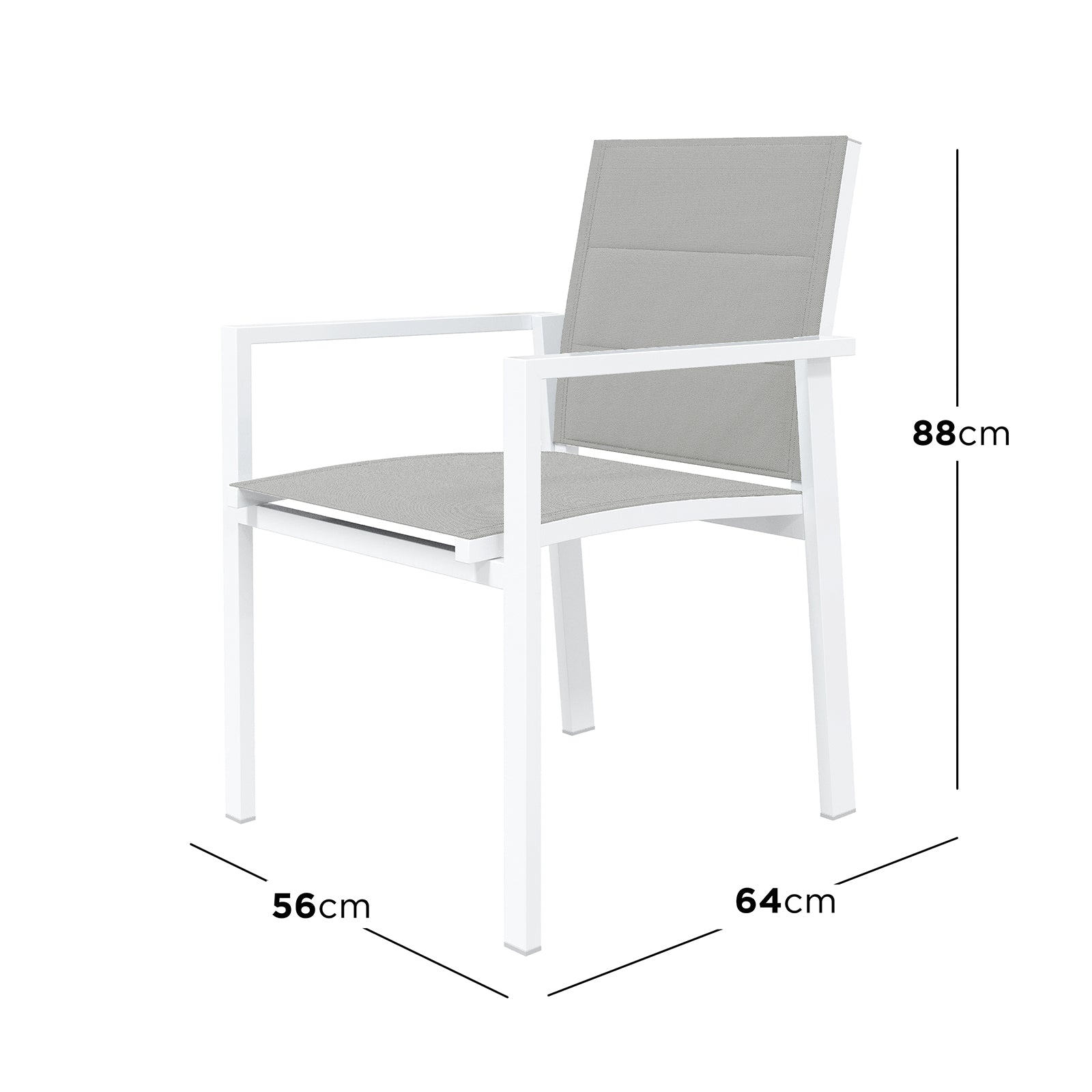Jensen 6 Seater Aluminium Outdoor Dining Set in Light Grey features a minimalist armchair with a white metal frame and grey sling-style seat, ideal for enhancing modern outdoor spaces.