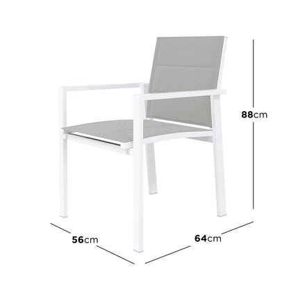 Jensen 6 Seater Aluminium Outdoor Dining Set in Light Grey features a minimalist armchair with a white metal frame and grey sling-style seat, ideal for enhancing modern outdoor spaces.