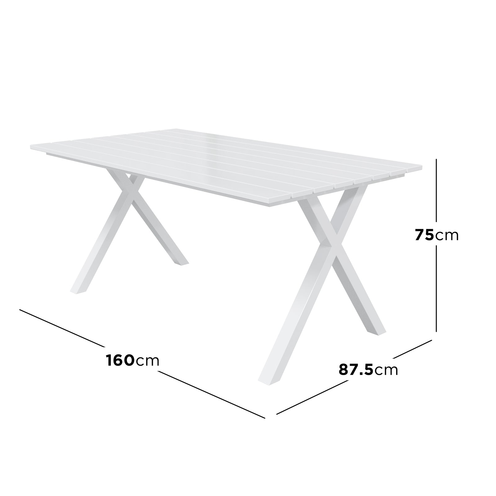 Jensen 6 Seater Aluminium Outdoor Dining Set features a white rectangular table with a slatted top and “X”-shaped legs, measuring 160 cm in length, 87.5 cm in width, and 75 cm in height.
