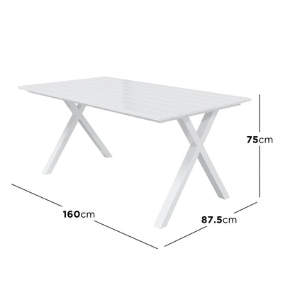 Jensen 6 Seater Aluminium Outdoor Dining Set features a white rectangular table with a slatted top and “X”-shaped legs, measuring 160 cm in length, 87.5 cm in width, and 75 cm in height.