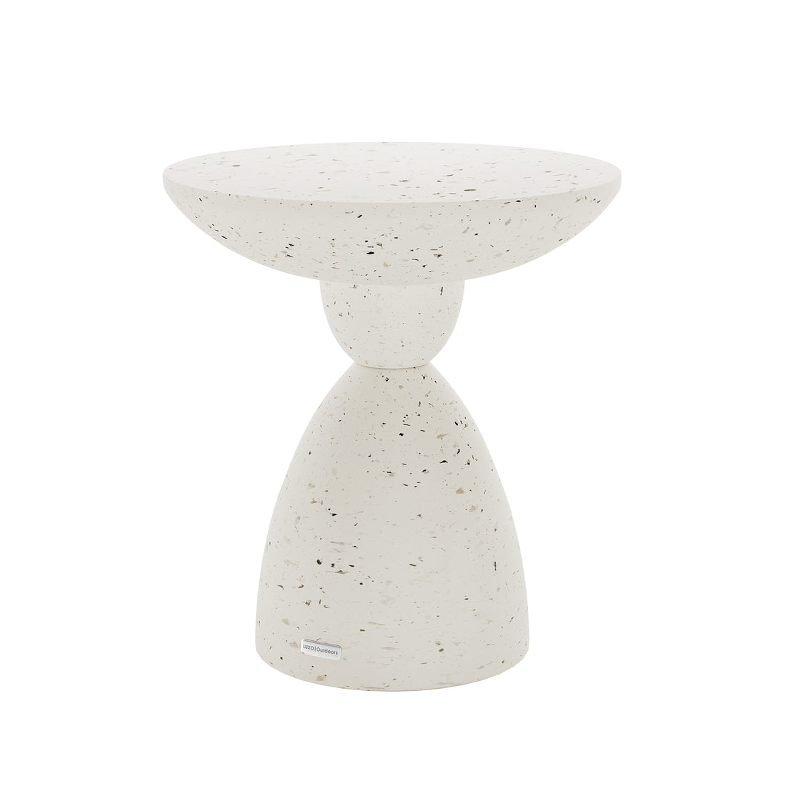 Angled view of Junia Terrazzo Indoor Outdoor Pedestal Concrete Side Table, showcasing its unique silhouette and texture