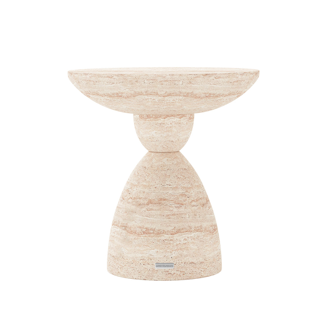 Junia Indoor Outdoor Pedestal Concrete Side Table, front view, Travertine , hourglass shape