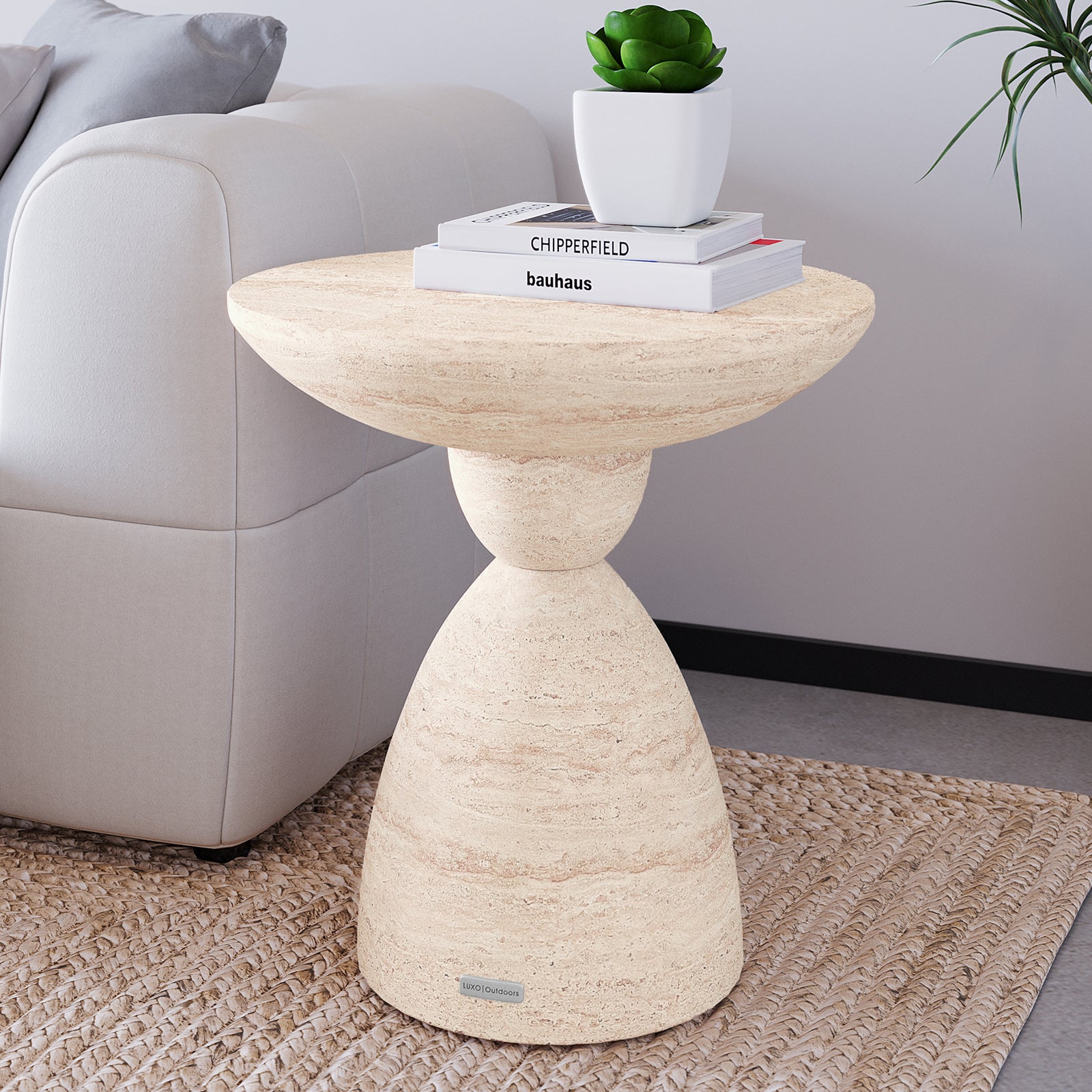 Junia Travertine Concrete Pedestal Side Table styled in a contemporary living room, perfect for indoor outdoor use - Lifestyle