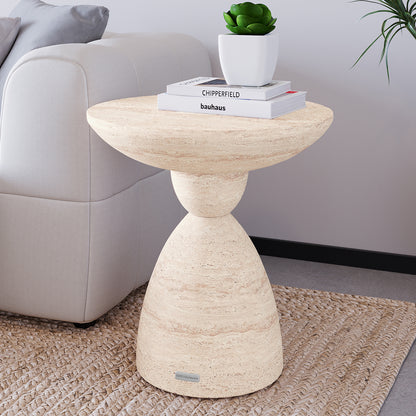 Junia Travertine Concrete Pedestal Side Table styled in a contemporary living room, perfect for indoor outdoor use - Lifestyle