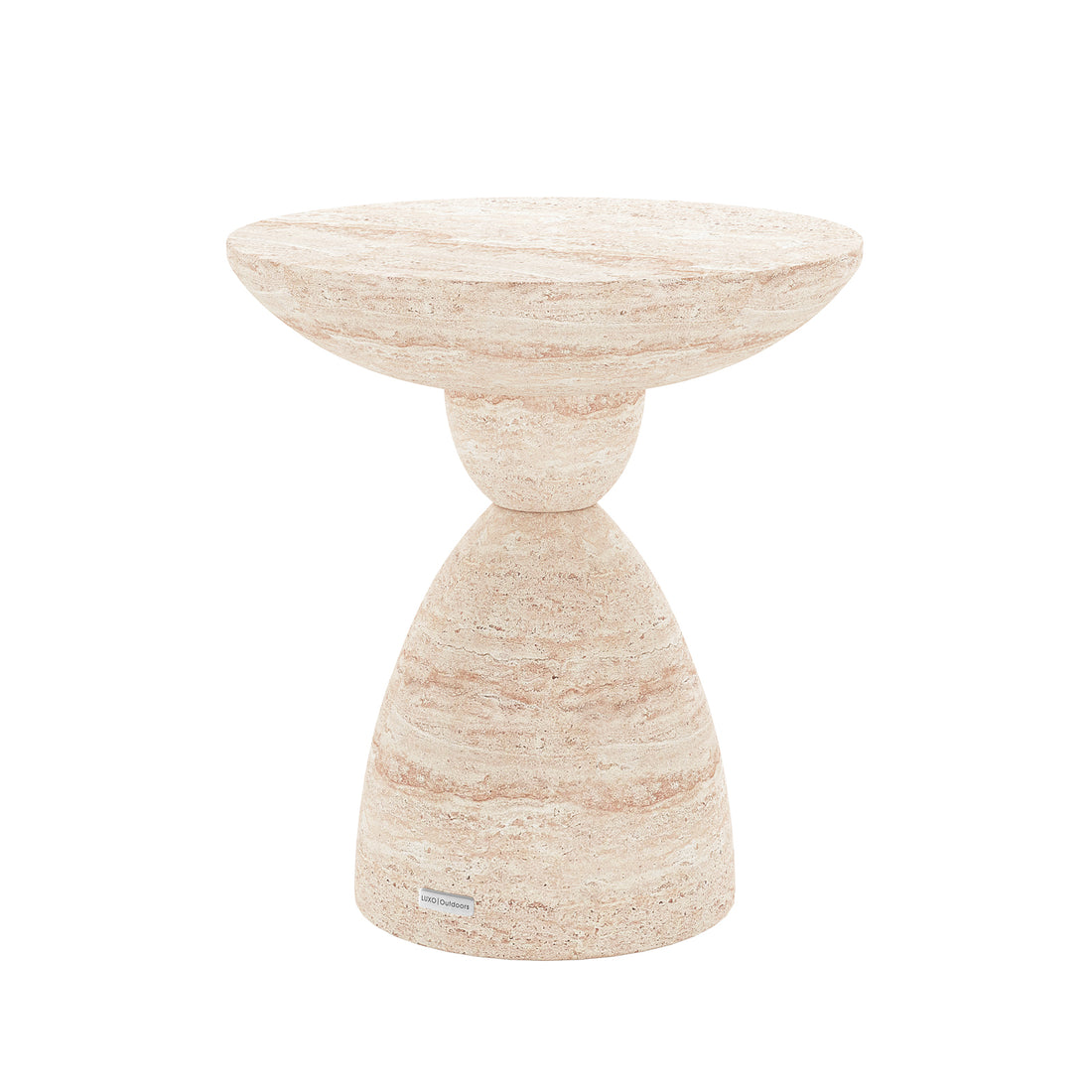 Angled view of Junia Travertine Indoor Outdoor Pedestal Concrete Side Table, showcasing its unique silhouette and texture